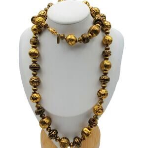 KJL Chunky Gold Beaded Necklace Kenneth Jay Lane Classic Embossed Beads 30" L